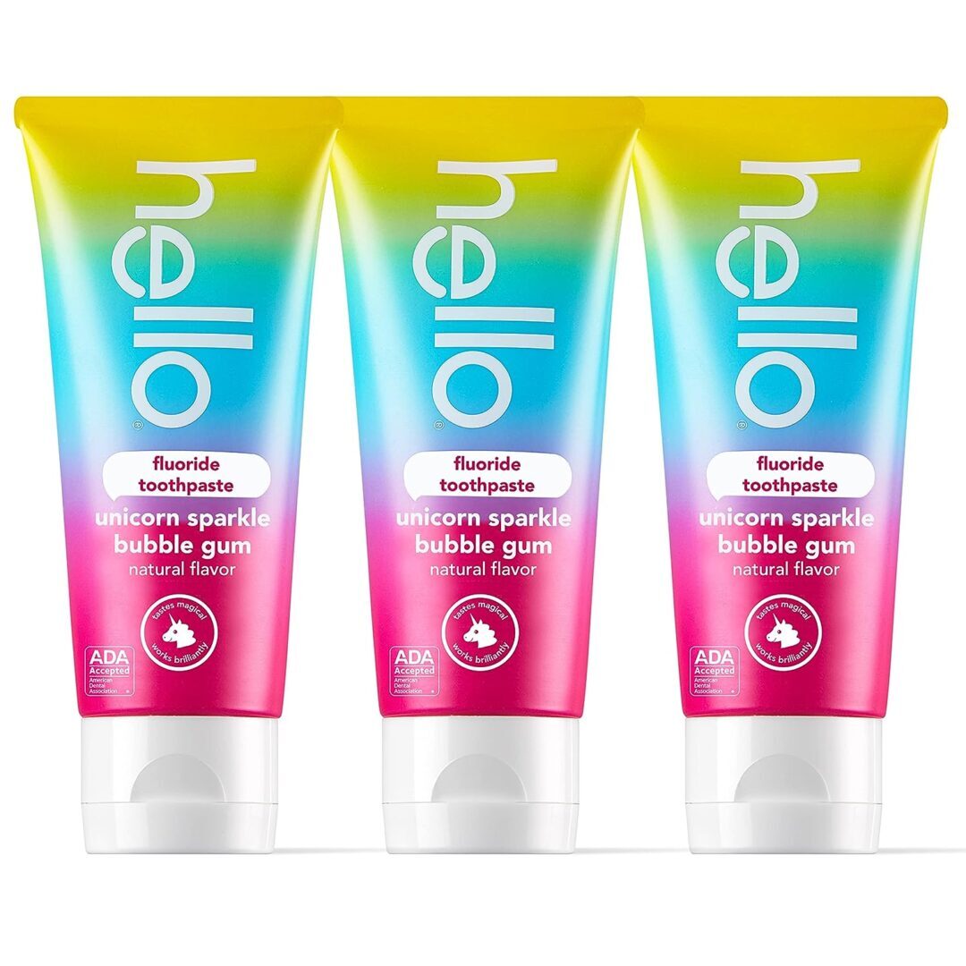 Three tubes of hello toothpaste are shown.